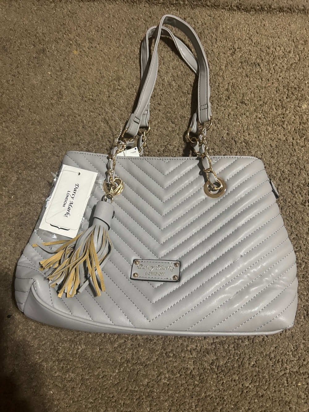 Quilted Chevron Shoulder Bag in Light Gray with Tassel